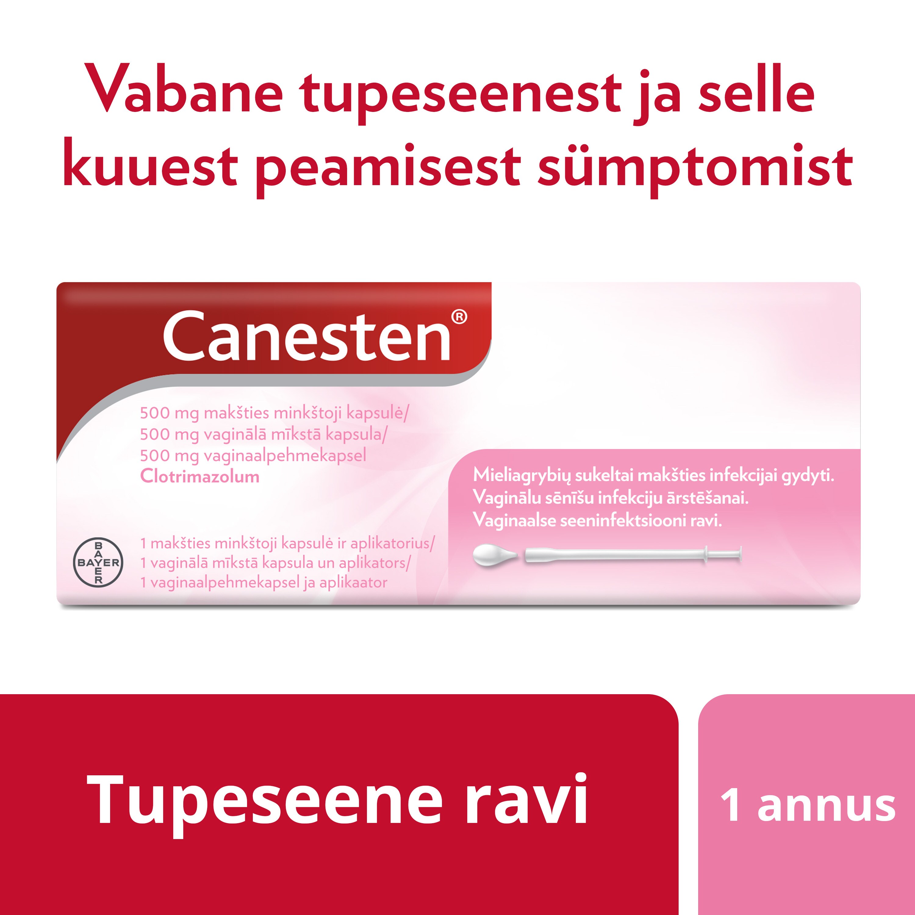 Tupeseene ravi ainult ühe Canesten® (klotrimasool) 500 mg vaginaalpehmekapsliga. Vabane tupeseenest ja selle kuuest peamisest sümptomist.