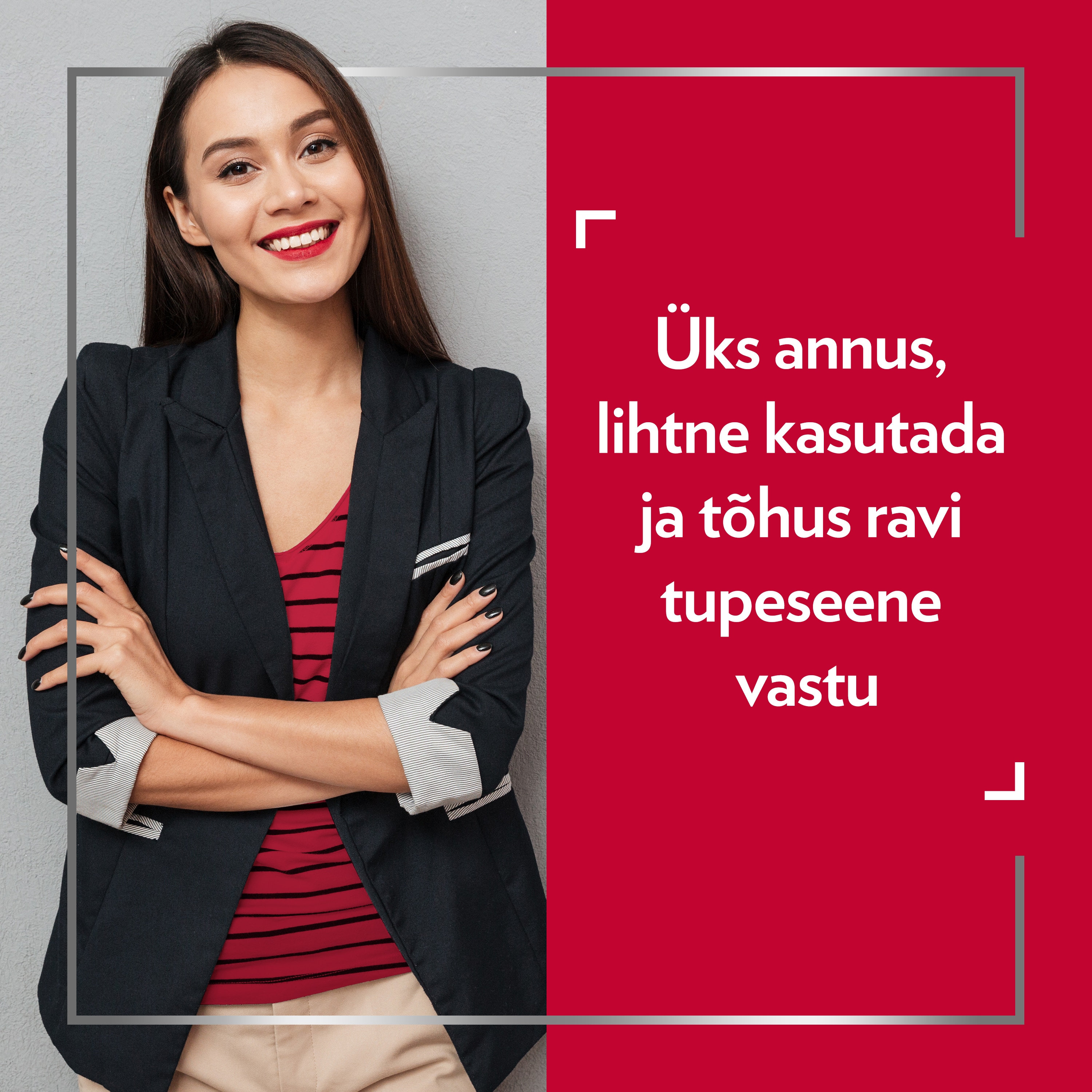 Naeratav viisakalt riietunud noor naine on rõõmus pärast tupeseene ravi Canesteniga.